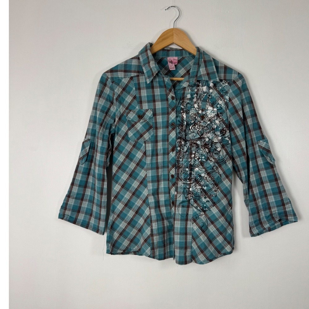 Western Y2K Dolled Up by Fang Womens XL Plaid Button Up Teal‎ Graphic Print Top